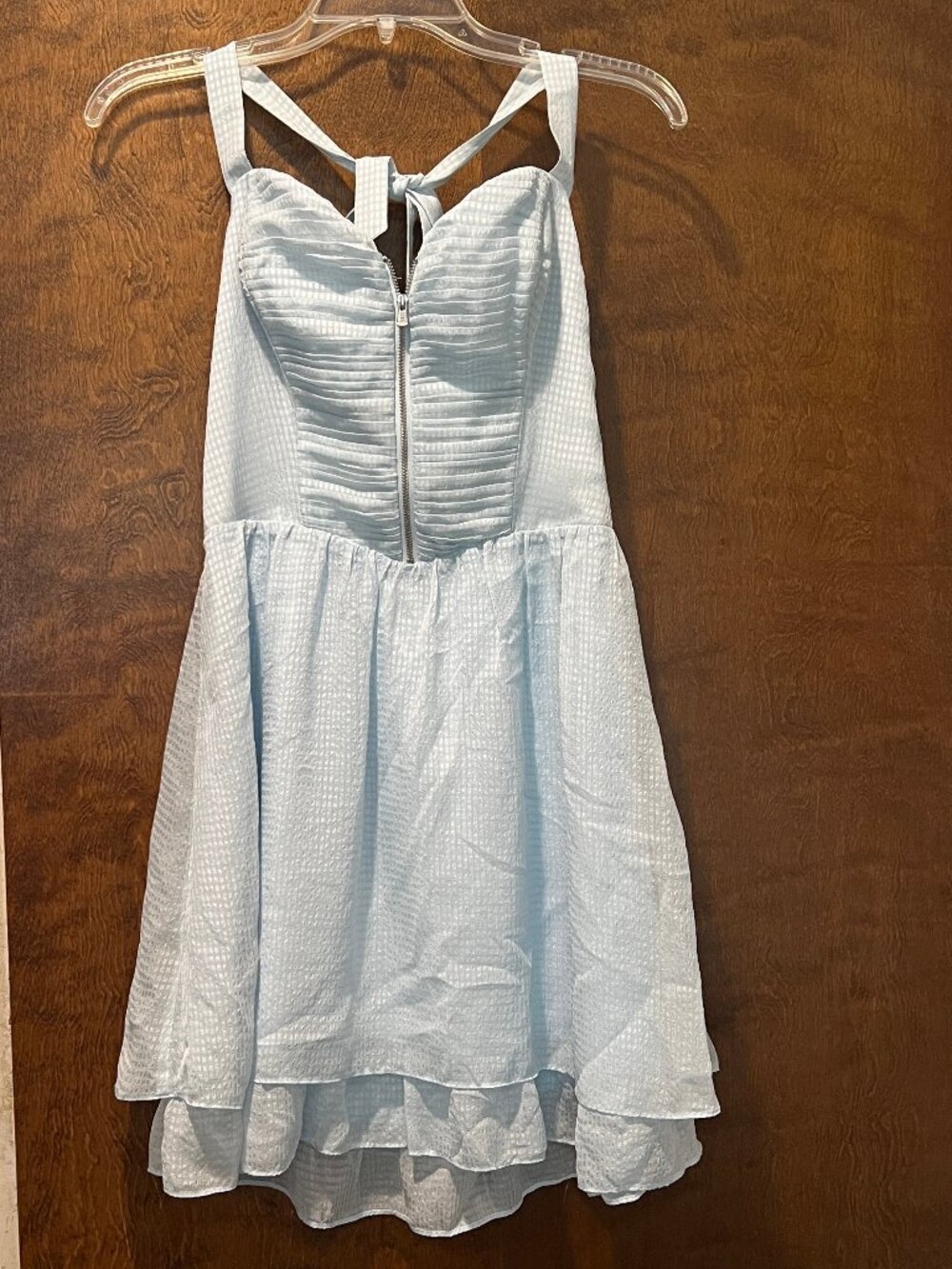 Guess Baby Blue Halter Tie Romantic Mini Dress Tiered Skirt Front Zip Size 8